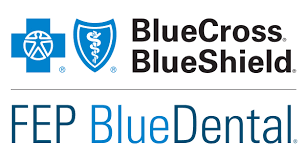 Logos for BlueCross BlueShield and FEP BlueDental. BlueCross logo features a blue cross with a human figure; BlueShield logo shows a blue shield with a white caduceus. Text below reads “BlueCross BlueShield” and “FEP BlueDental.”